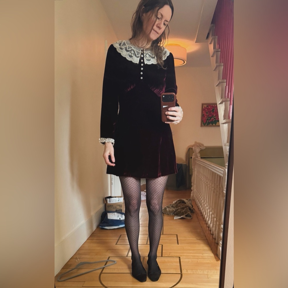 Doen NWT Velvet Long-Sleeve Dress with Lace Collar Burgundy - Picture 3 of 11